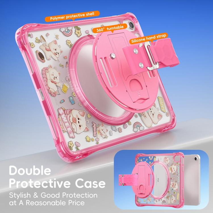 For iPad 2025 / 2022 DIY Pattern Rotation Grip Holder Clear PC Hydric TPU Tablet Case with Shoulder Strap