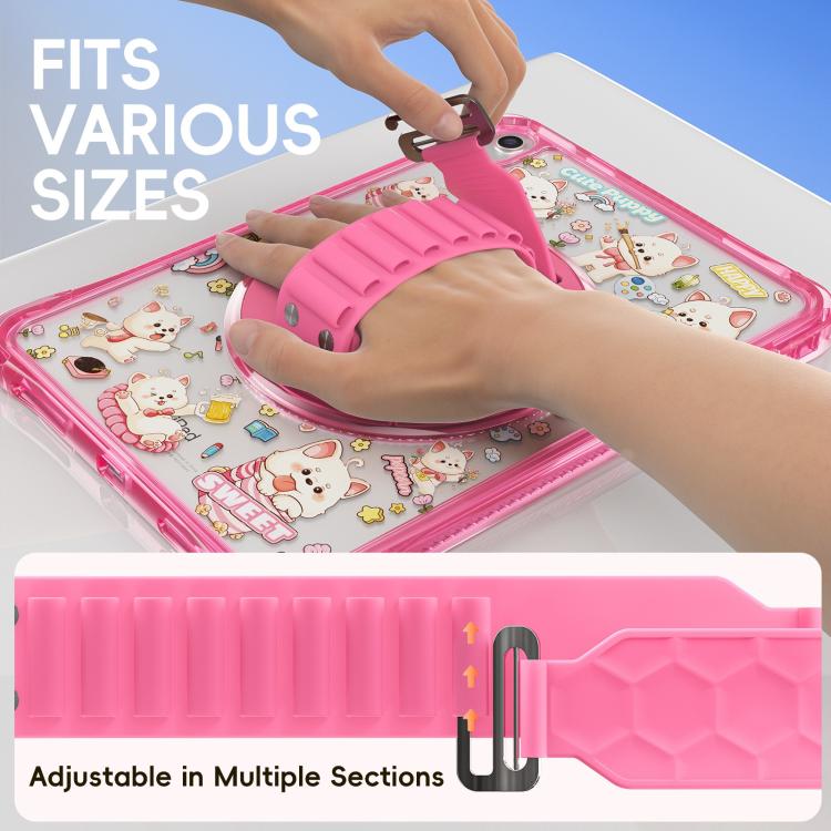 For iPad 2025 / 2022 DIY Pattern Rotation Grip Holder Clear PC Hydric TPU Tablet Case with Shoulder Strap
