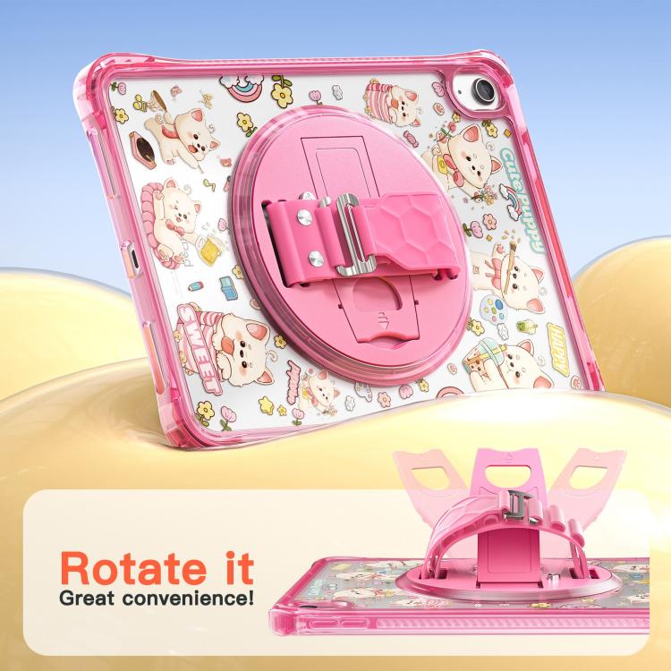 For iPad 2025 / 2022 DIY Pattern Rotation Grip Holder Clear PC Hydric TPU Tablet Case with Shoulder Strap