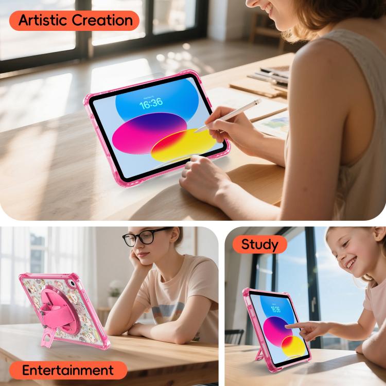 For iPad 2025 / 2022 DIY Pattern Rotation Grip Holder Clear PC Hydric TPU Tablet Case with Shoulder Strap