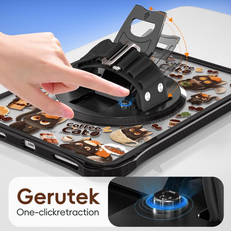 For iPad 2025 / 2022 DIY Pattern Rotation Grip Holder Clear PC Hydric TPU Tablet Case with Shoulder Strap