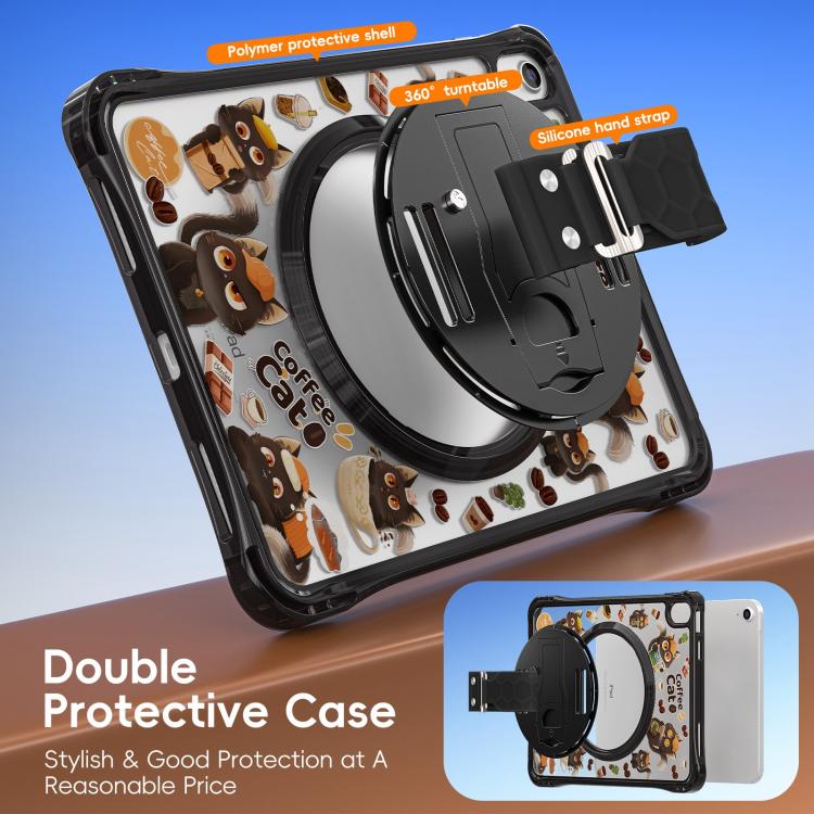 For iPad 2025 / 2022 DIY Pattern Rotation Grip Holder Clear PC Hydric TPU Tablet Case with Shoulder Strap