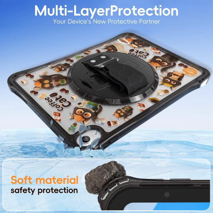 For iPad 2025 / 2022 DIY Pattern Rotation Grip Holder Clear PC Hydric TPU Tablet Case with Shoulder Strap