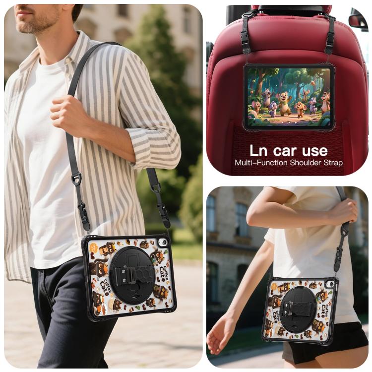 For iPad 2025 / 2022 DIY Pattern Rotation Grip Holder Clear PC Hydric TPU Tablet Case with Shoulder Strap