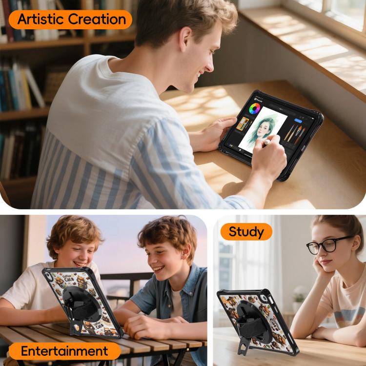For iPad 2025 / 2022 DIY Pattern Rotation Grip Holder Clear PC Hydric TPU Tablet Case with Shoulder Strap