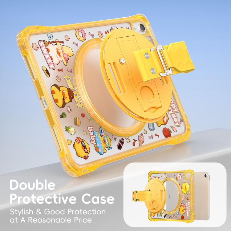 For iPad 2025 / 2022 DIY Pattern Rotation Grip Holder Clear PC Hydric TPU Tablet Case with Shoulder Strap