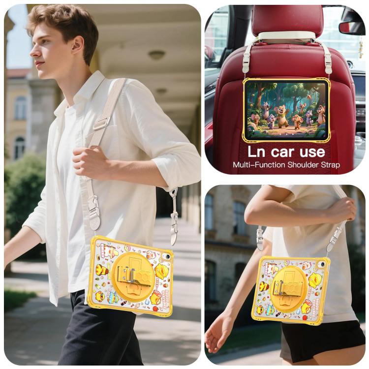 For iPad 2025 / 2022 DIY Pattern Rotation Grip Holder Clear PC Hydric TPU Tablet Case with Shoulder Strap