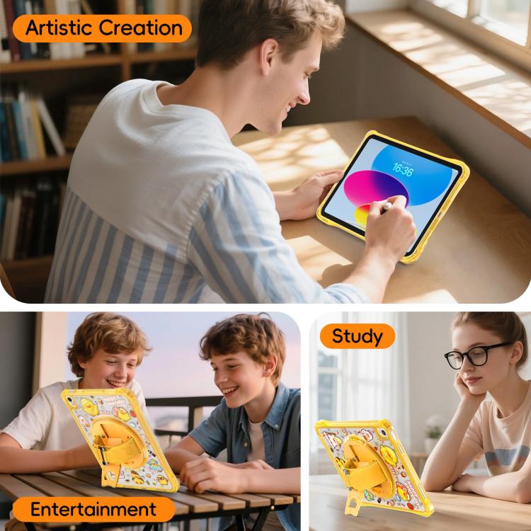 For iPad 2025 / 2022 DIY Pattern Rotation Grip Holder Clear PC Hydric TPU Tablet Case with Shoulder Strap