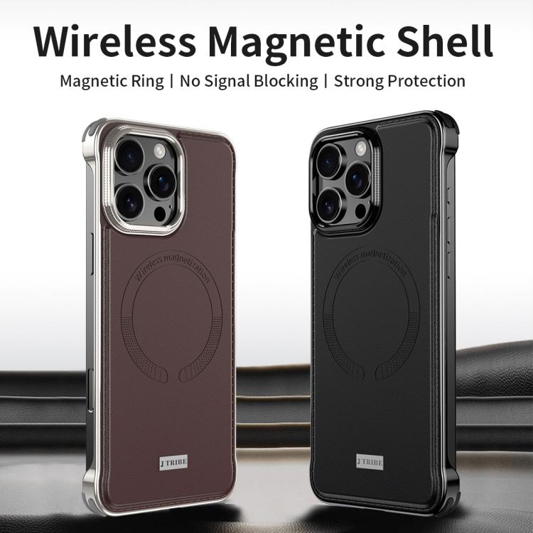 For iPhone 15 Pro Max J TRIBE Metal Frameless Plain Leather MagSafe Phone Case