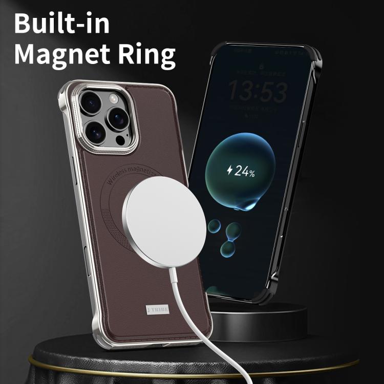 For iPhone 15 Pro Max J TRIBE Metal Frameless Plain Leather MagSafe Phone Case