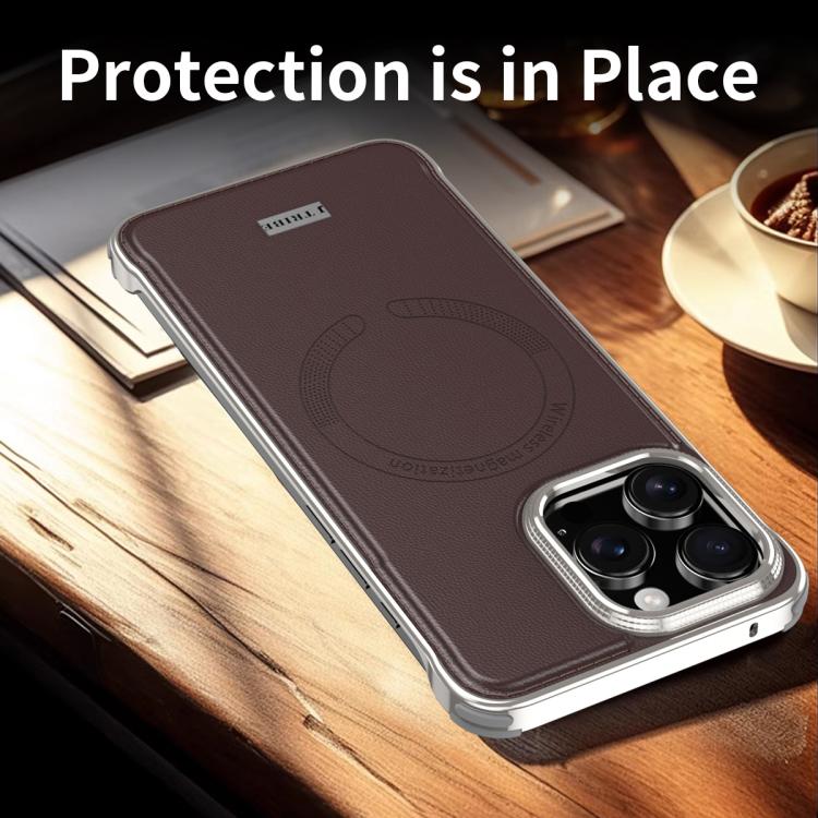 For iPhone 15 Pro J TRIBE Metal Frameless Plain Leather MagSafe Phone Case