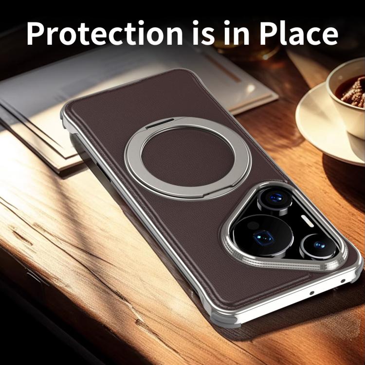 For Huawei Pura 70 Metal Frameless Plain Leather MagSafe Holder Phone Case