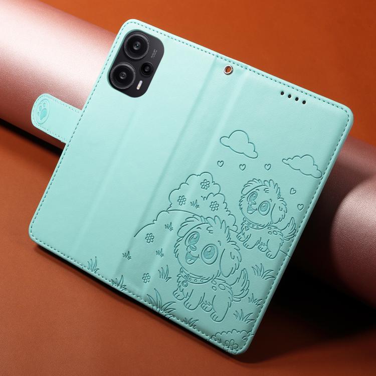 For Redmi Note 12 Turbo / Poco F5 Embossed Heart Dog RFID Blocking Wallet Leather Phone Case
