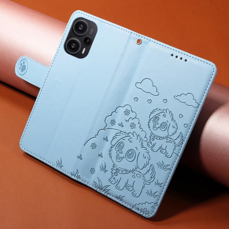 For Redmi Note 12 Turbo / Poco F5 Embossed Heart Dog RFID Blocking Wallet Leather Phone Case