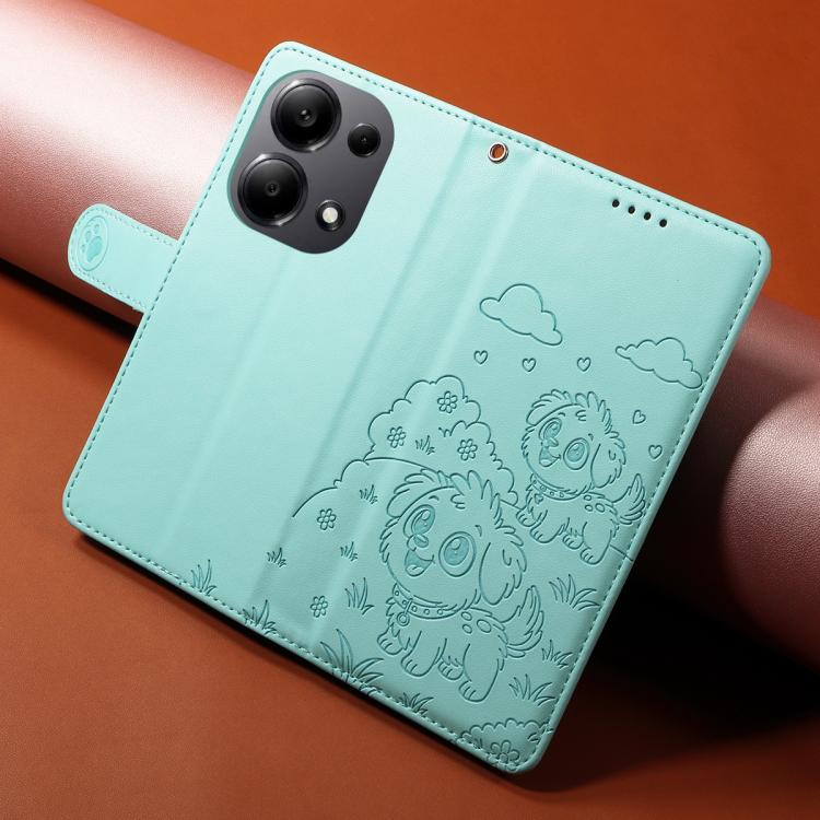 For Redmi Note 13 4G Embossed Heart Dog RFID Blocking Wallet Leather Phone Case