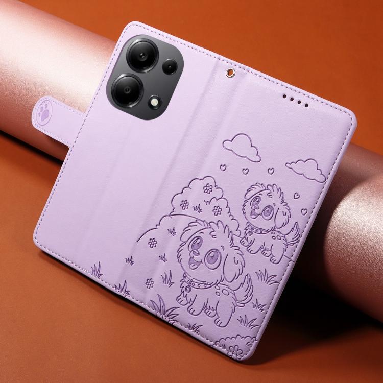 For Redmi Note 13 4G Embossed Heart Dog RFID Blocking Wallet Leather Phone Case