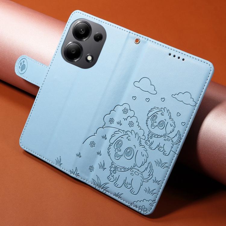 For Redmi Note 13 4G Embossed Heart Dog RFID Blocking Wallet Leather Phone Case