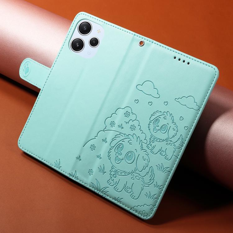 For Redmi 12 4G / 5G / Note 12R Embossed Heart Dog RFID Blocking Wallet Leather Phone Case