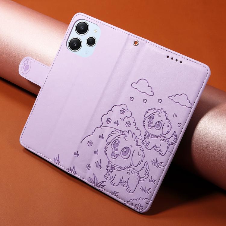 For Redmi 12 4G / 5G / Note 12R Embossed Heart Dog RFID Blocking Wallet Leather Phone Case
