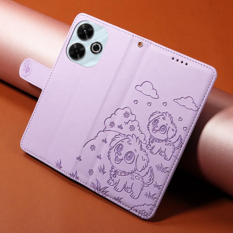 For Redmi 13 4G / Note 13R / 13X Embossed Heart Dog RFID Blocking Wallet Leather Phone Case