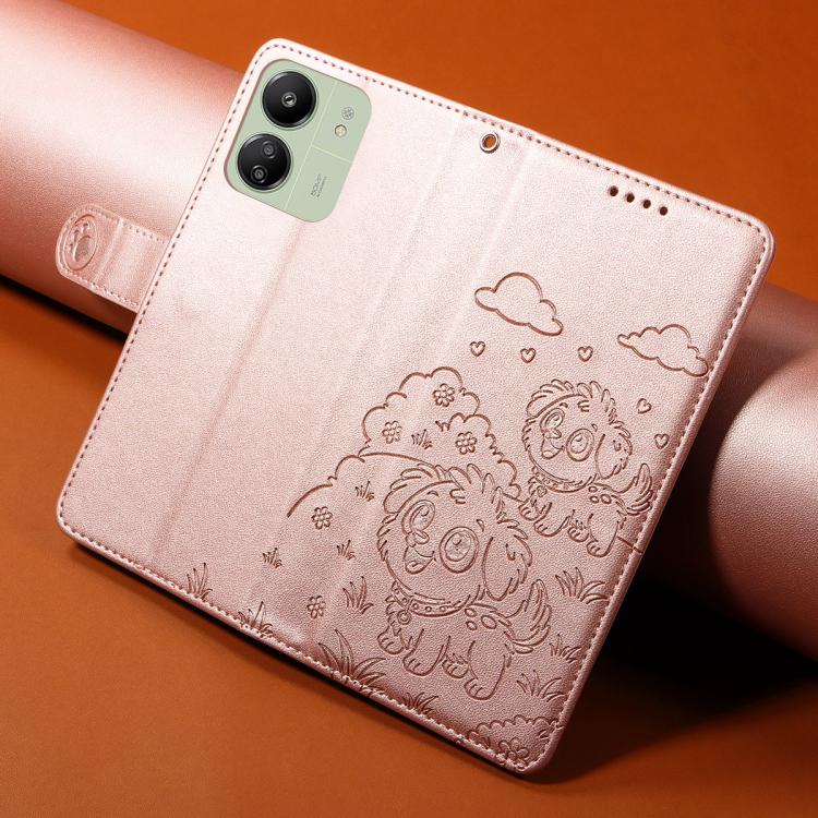 For Redmi 13C 4G / 5G / 13R Embossed Heart Dog RFID Blocking Wallet Leather Phone Case