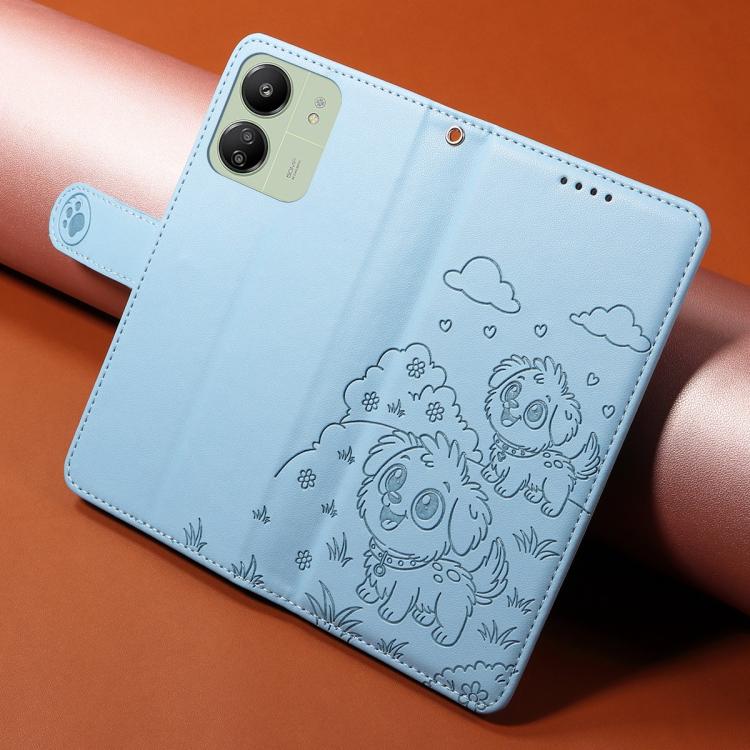 For Redmi 13C 4G / 5G / 13R Embossed Heart Dog RFID Blocking Wallet Leather Phone Case