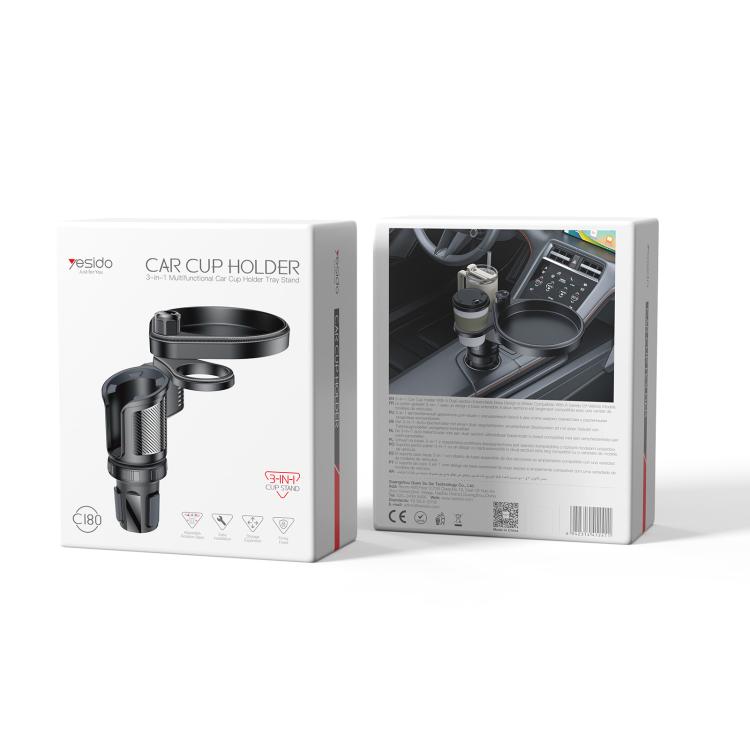 Yesido C180 3 in 1 Car Multi-function Tray Water Cup Holder - Black