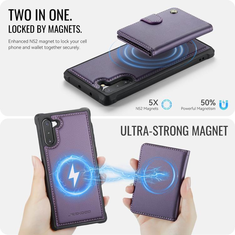 For Samsung Galaxy Note10 JEEHOOD J09 Buckle Card Bag MagSafe Magnetic Style RFID Leather Phone Case