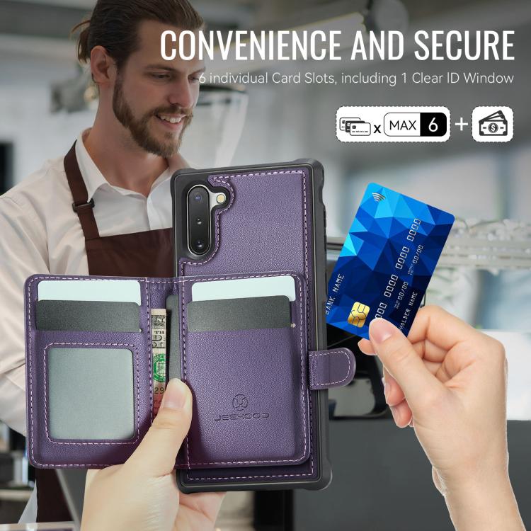 For Samsung Galaxy Note10 JEEHOOD J09 Buckle Card Bag MagSafe Magnetic Style RFID Leather Phone Case