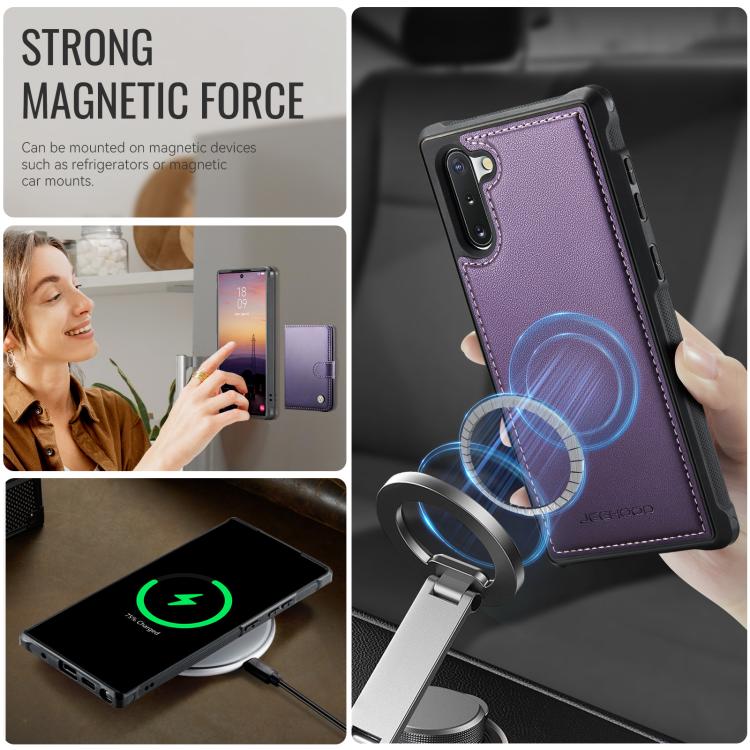 For Samsung Galaxy Note10 JEEHOOD J09 Buckle Card Bag MagSafe Magnetic Style RFID Leather Phone Case