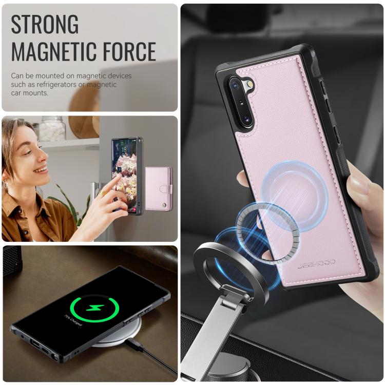 For Samsung Galaxy Note10 JEEHOOD J09 Buckle Card Bag MagSafe Magnetic Style RFID Leather Phone Case