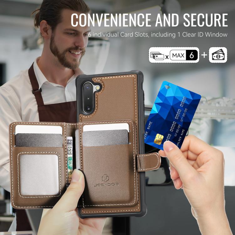 For Samsung Galaxy Note10 JEEHOOD J09 Buckle Card Bag MagSafe Magnetic Style RFID Leather Phone Case