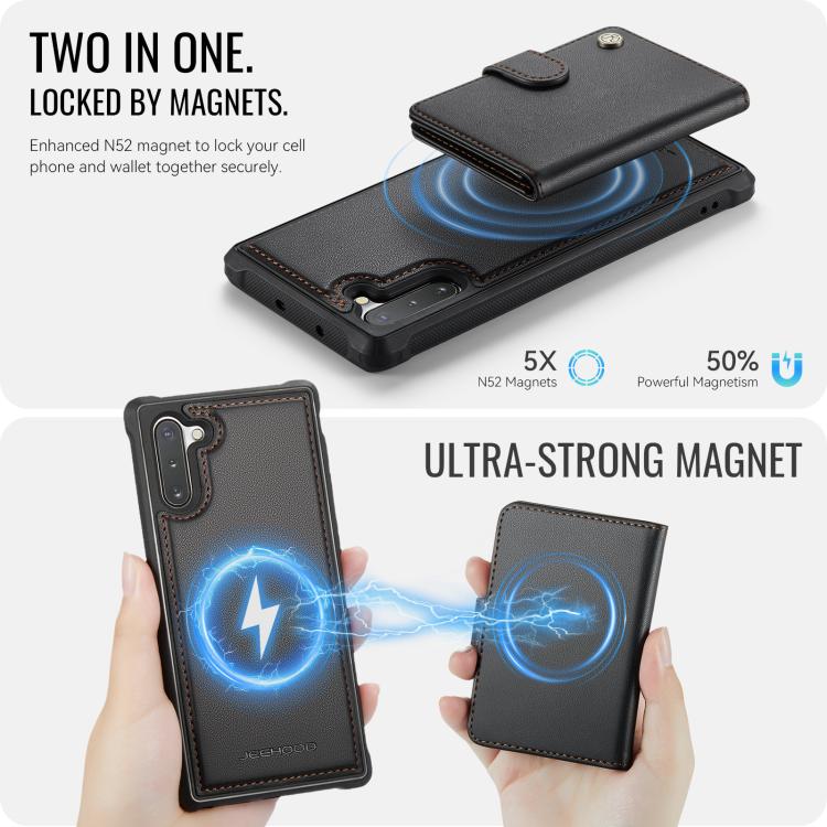 For Samsung Galaxy Note10 JEEHOOD J09 Buckle Card Bag MagSafe Magnetic Style RFID Leather Phone Case