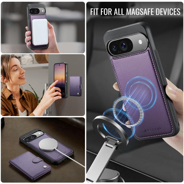 For Google Pixel 9 / 9 Pro JEEHOOD J09 Buckle Card Bag MagSafe Magnetic Style RFID Leather Phone Case