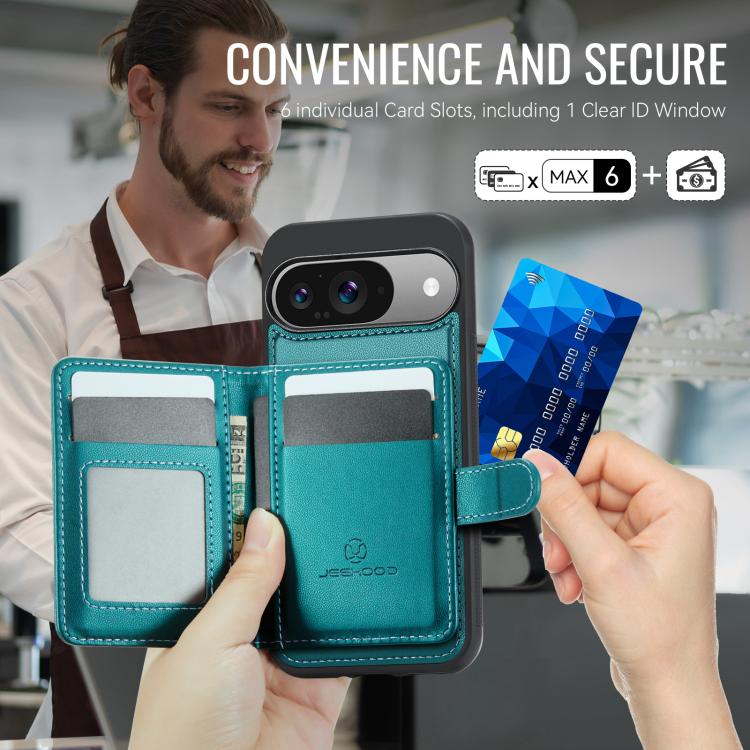 For Google Pixel 9 / 9 Pro JEEHOOD J09 Buckle Card Bag MagSafe Magnetic Style RFID Leather Phone Case
