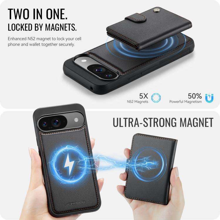 For Google Pixel 9 / 9 Pro JEEHOOD J09 Buckle Card Bag MagSafe Magnetic Style RFID Leather Phone Case