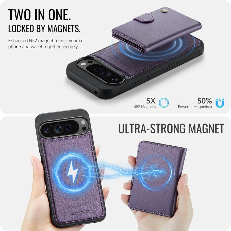 For Google Pixel 9 Pro XL JEEHOOD J09 Buckle Card Bag MagSafe Magnetic Style RFID Leather Phone Case