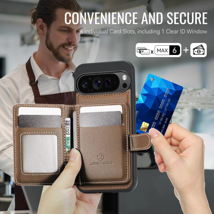 For Google Pixel 9 Pro XL JEEHOOD J09 Buckle Card Bag MagSafe Magnetic Style RFID Leather Phone Case