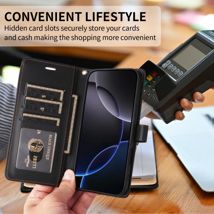For iPhone 17 Pro Max Six Card Slots Buckle Leather Phone Case with Lanyard