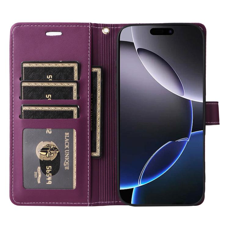 For iPhone 17 Pro Max Six Card Slots Buckle Leather Phone Case with Lanyard