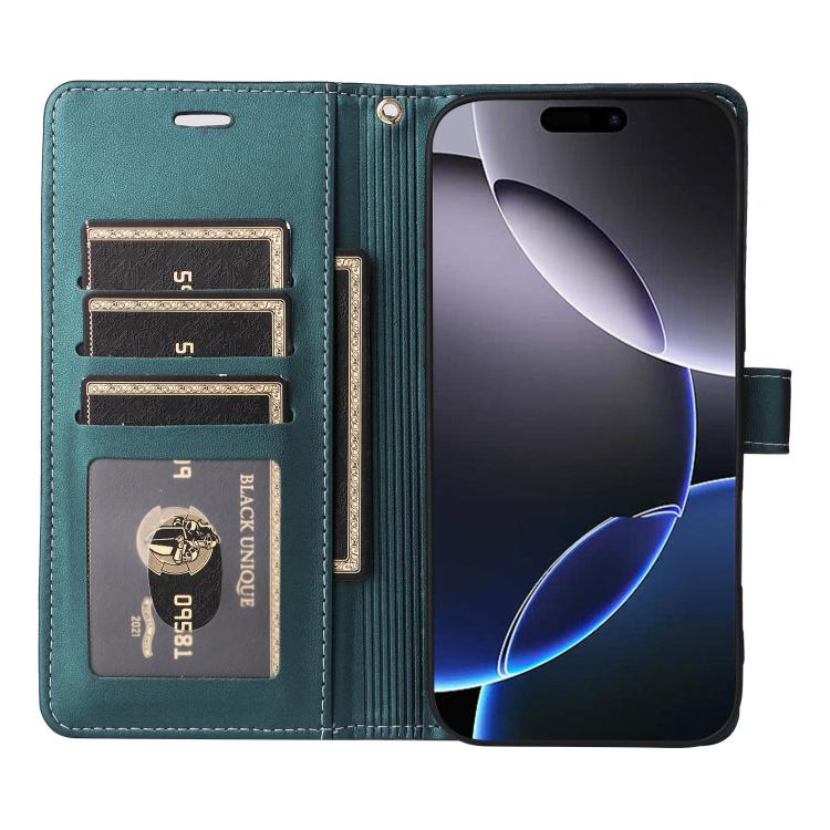 For iPhone 17 Pro Max Six Card Slots Buckle Leather Phone Case with Lanyard