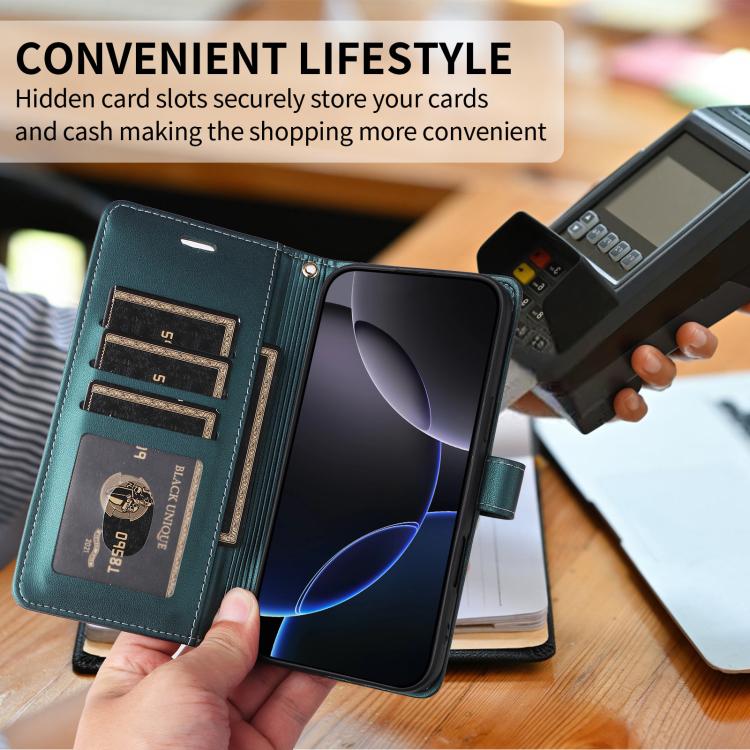 For iPhone 17 Pro Max Six Card Slots Buckle Leather Phone Case with Lanyard