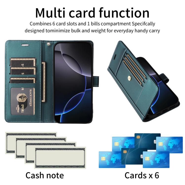 For iPhone 17 Pro Max Six Card Slots Buckle Leather Phone Case with Lanyard