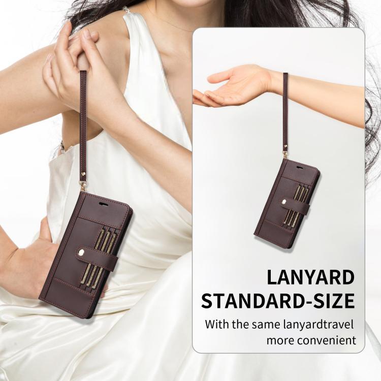 For iPhone 17 Six Card Slots Buckle Leather Phone Case with Lanyard