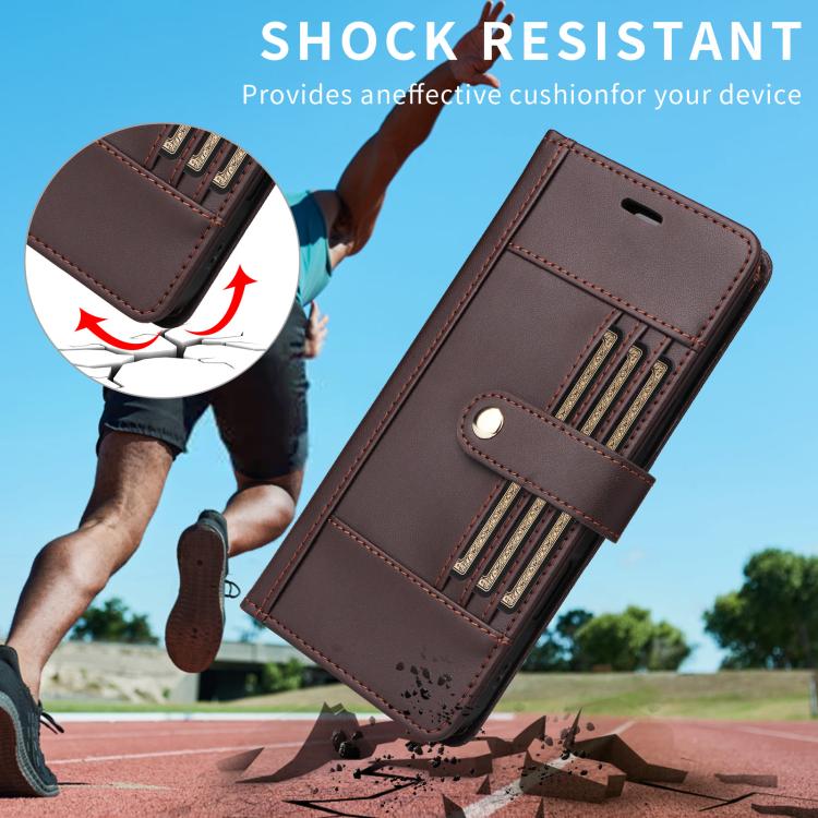 For iPhone 17 Six Card Slots Buckle Leather Phone Case with Lanyard