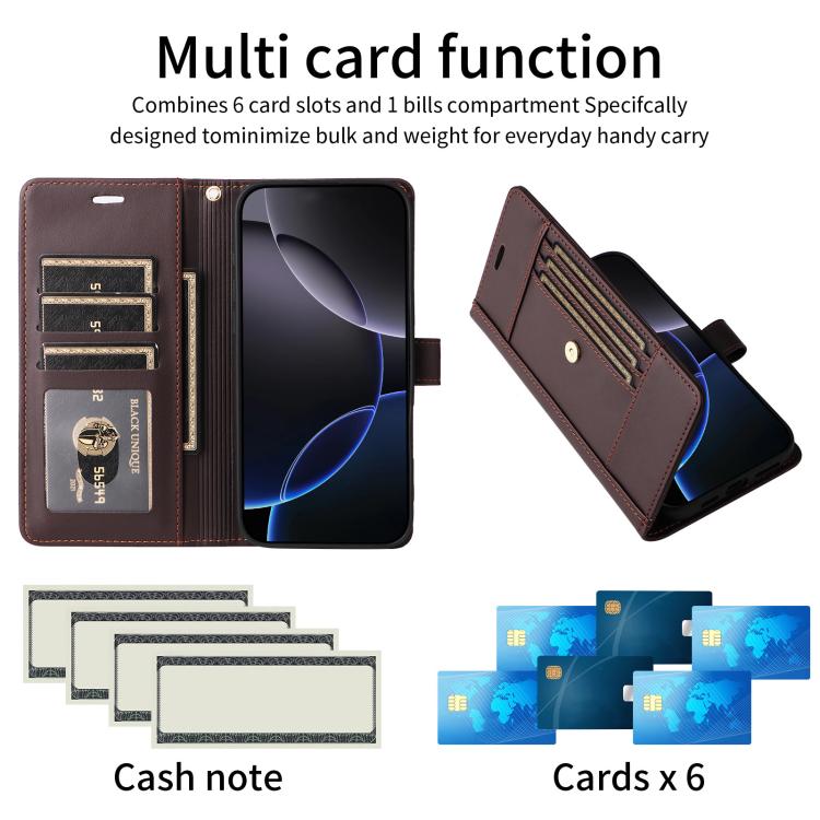 For iPhone 17 Six Card Slots Buckle Leather Phone Case with Lanyard