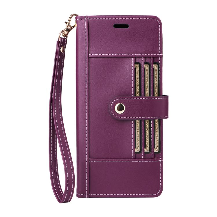 For iPhone 17 Six Card Slots Buckle Leather Phone Case with Lanyard