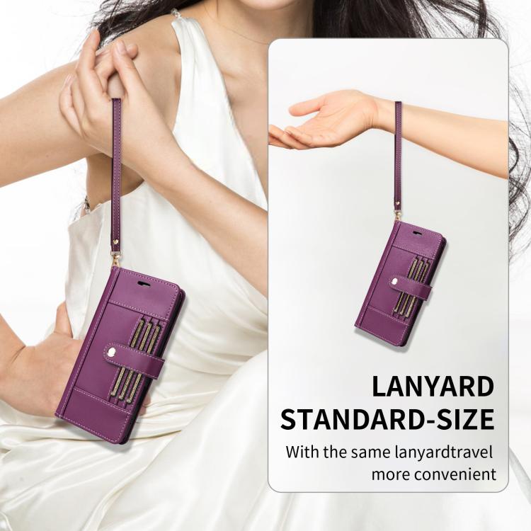 For iPhone 17 Six Card Slots Buckle Leather Phone Case with Lanyard