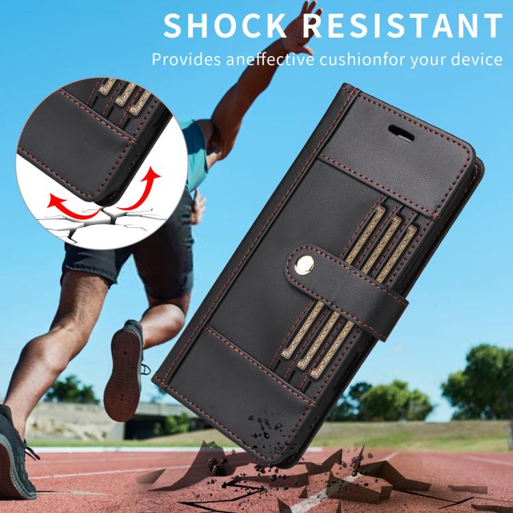 For iPhone 17 Pro Six Card Slots Buckle Leather Phone Case with Lanyard
