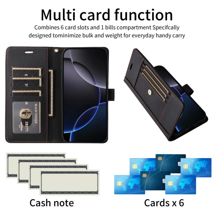 For iPhone 17 Pro Six Card Slots Buckle Leather Phone Case with Lanyard
